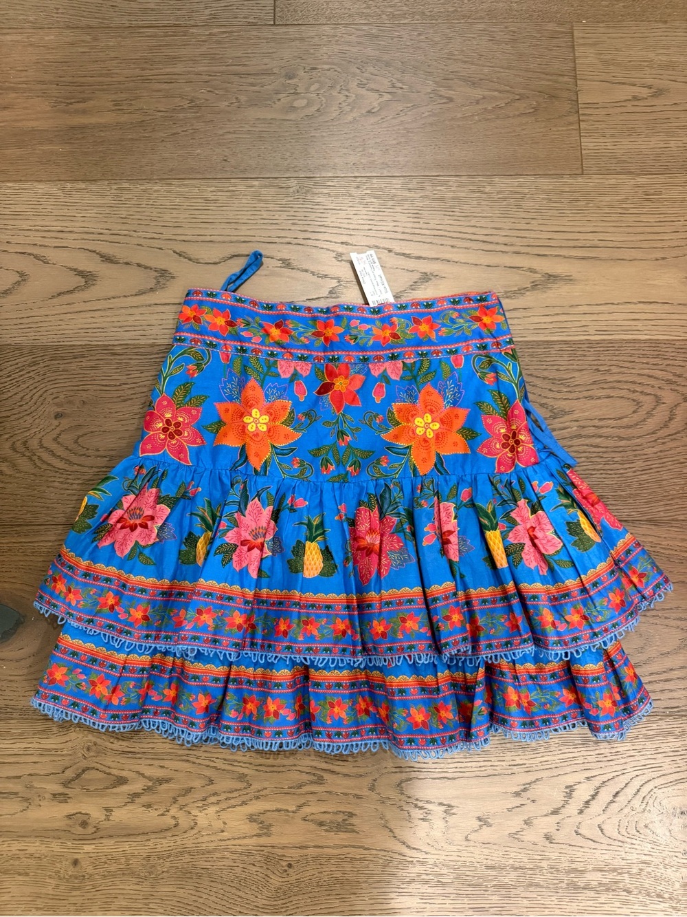 FARM Rio Bright Blue Floral Tiered Skirt with Orange & Pink Embroidery